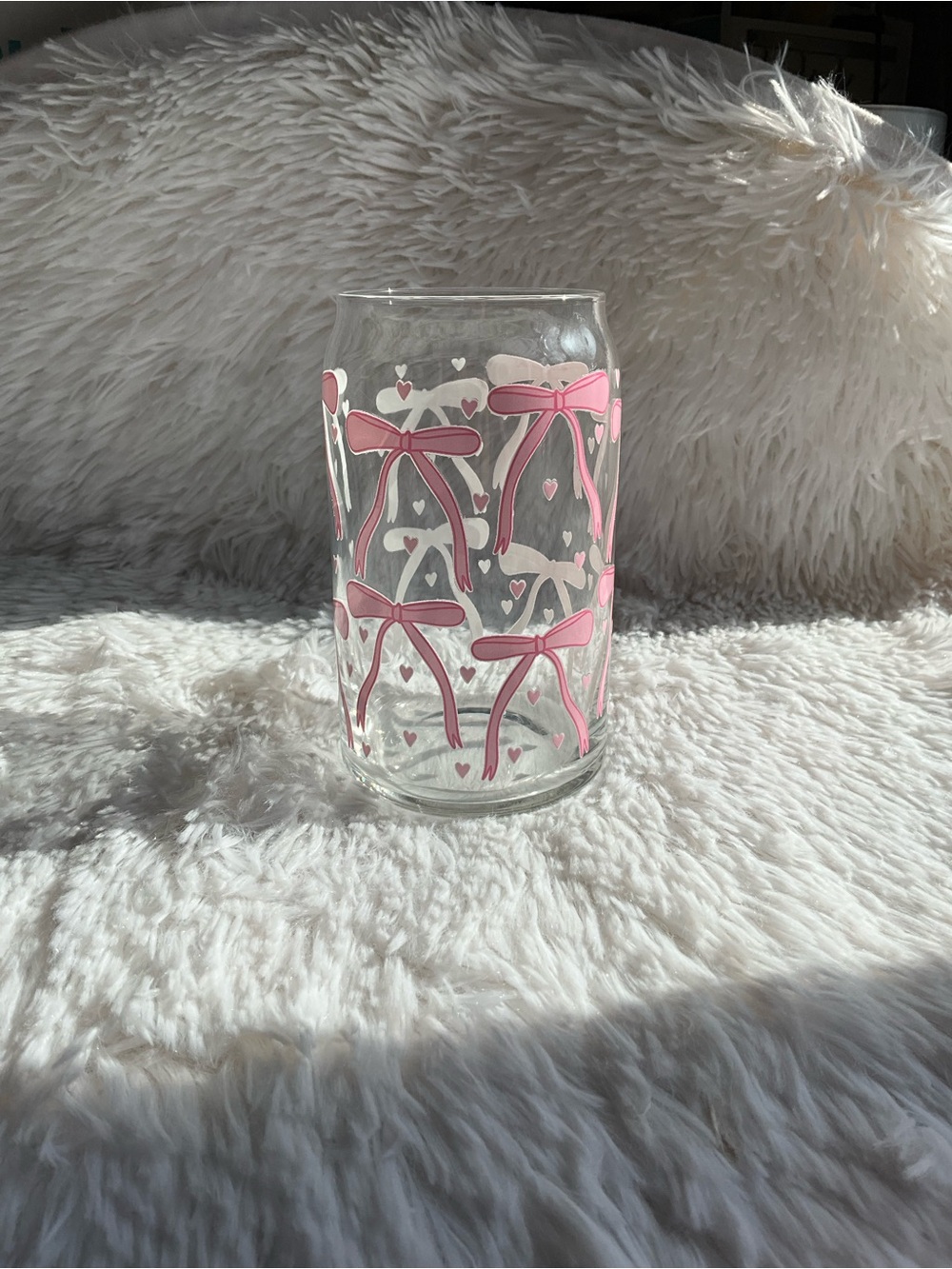 Clear Glass Cup with Pink Bow Motif